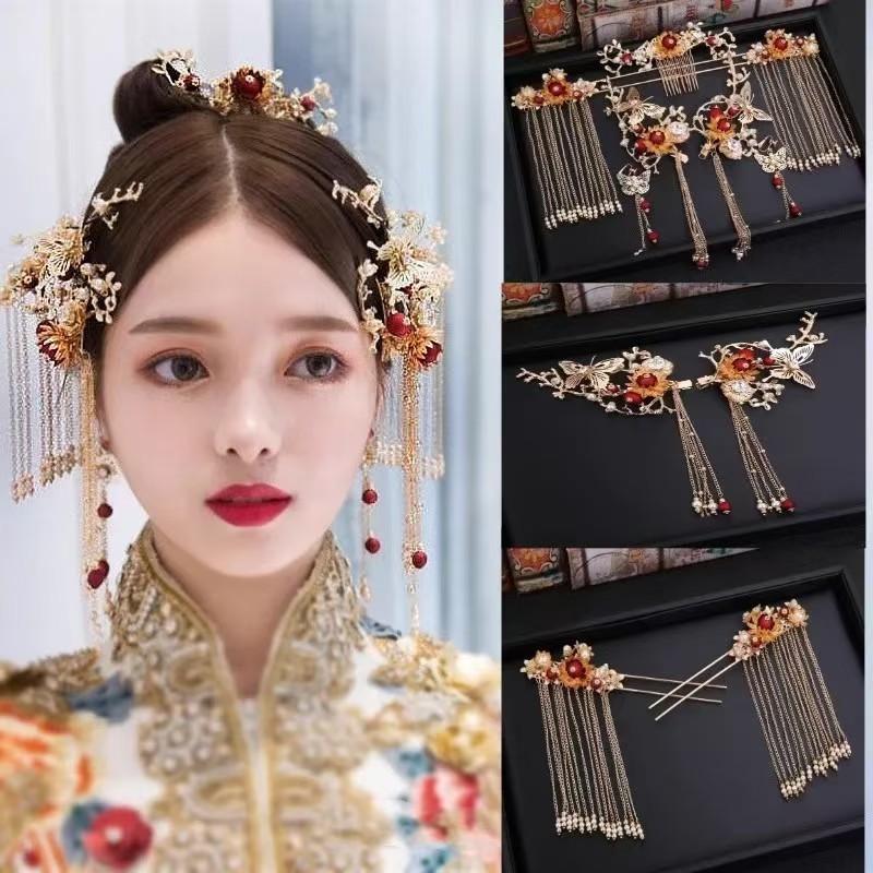 新娘秀禾服头饰中式发饰简单发钗简约金色古装配饰复古红色结婚