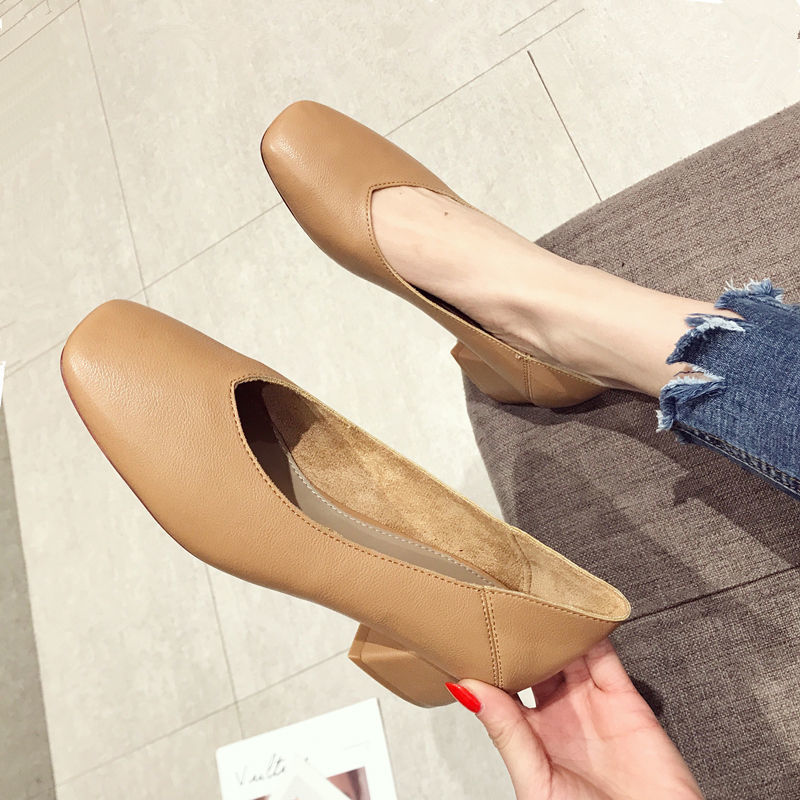 春季女鞋复古方头单鞋早春软面中跟韩版粗跟奶奶鞋舒适网红高跟鞋