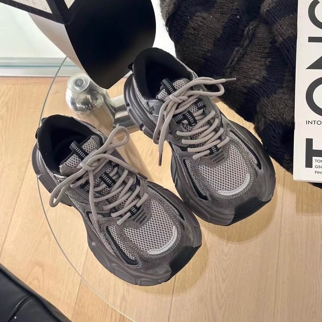厚底灰色加绒老爹鞋女2023秋冬新款百搭轻便复古美拉德休闲运动鞋