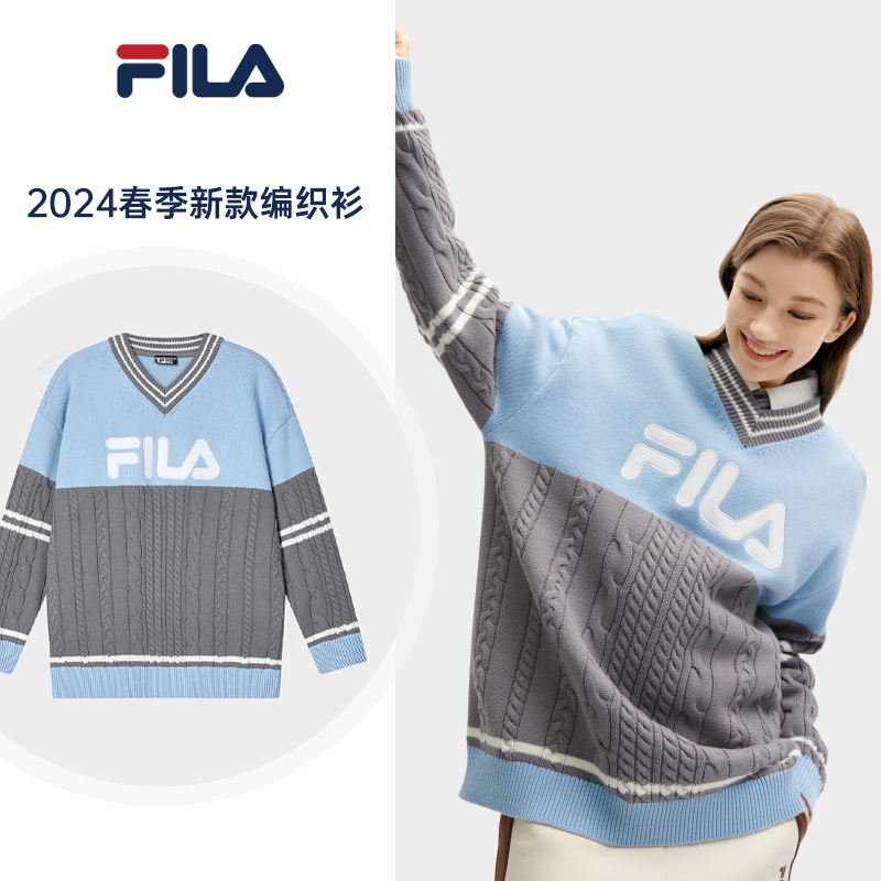 Fila/斐乐24春季新款女装毛织长袖宽松拼接套头编织衫F11W419403F