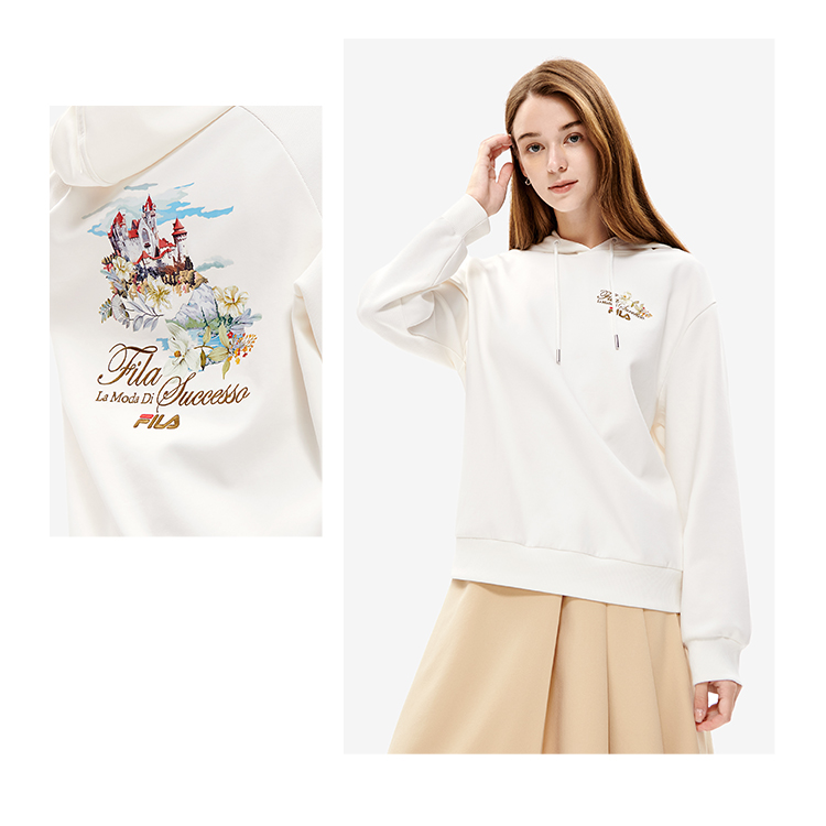 Fila/斐乐23年新款女子时尚休闲印花针织套头连帽卫衣F11W348230F