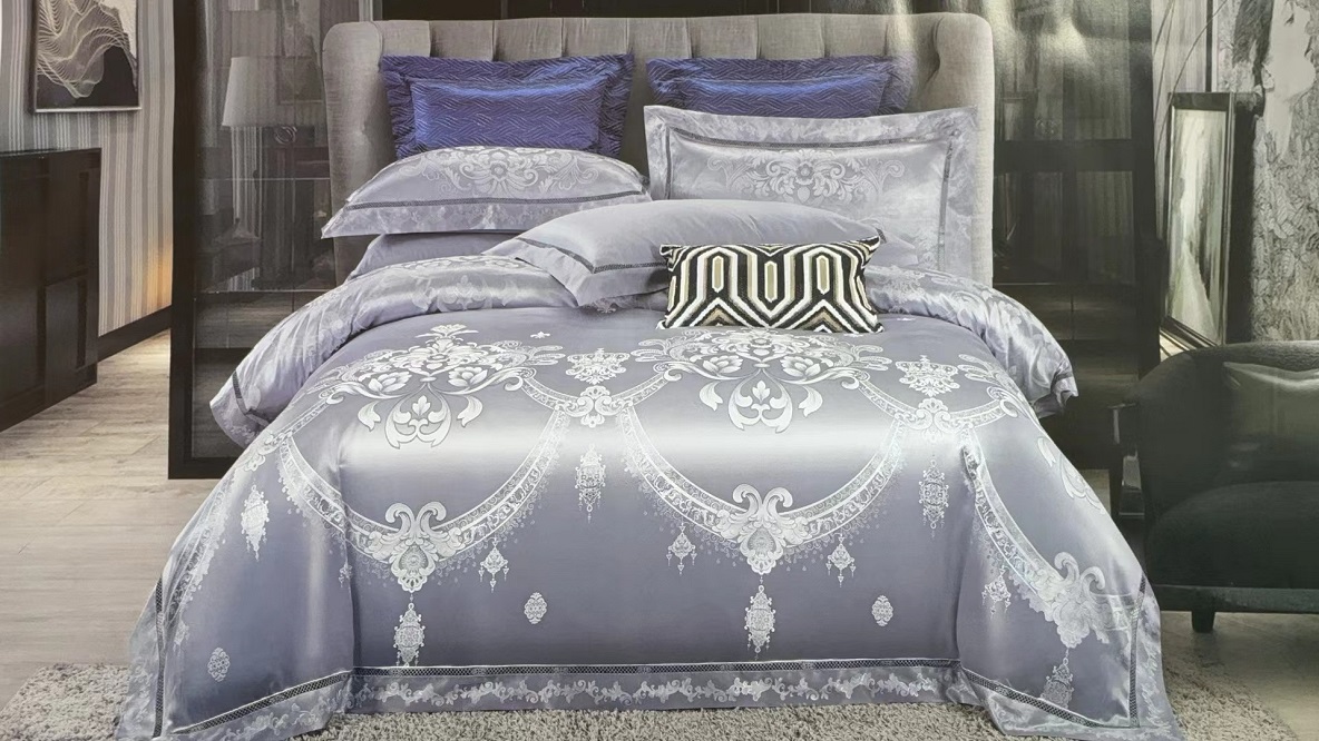 【M199】全棉贡缎提花四件套-都市爱情-蓝灰