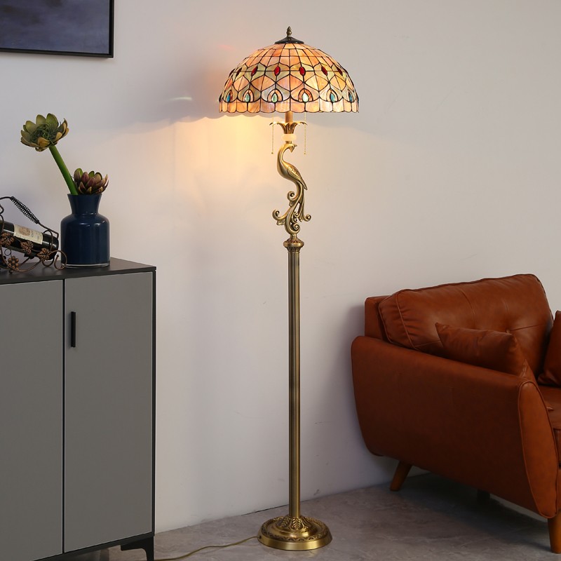 全铜落地灯凤凰欧式高级感复古美式孔雀贝壳灯客厅卧室地台灯立式