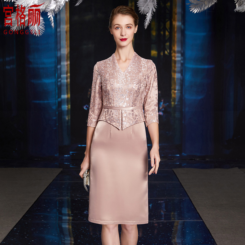 婚宴妈妈装礼服假两件高贵洋气年轻款结婚喜婆婆连衣裙