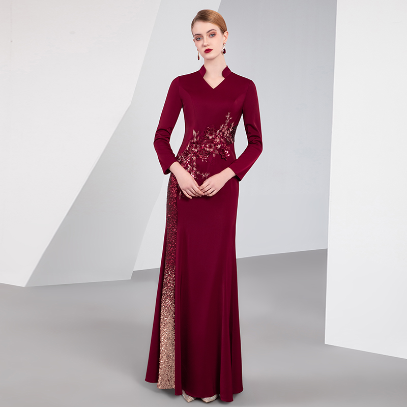 2025春夏新款喜婆婆妈妈装礼服参加婚礼主持酒红色演出连衣裙