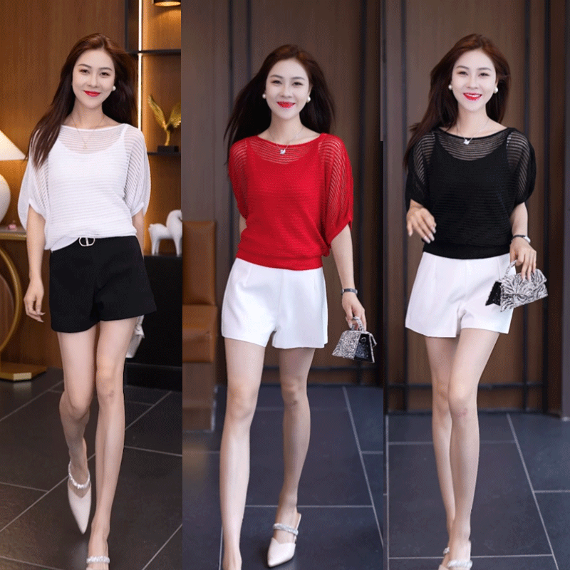 【今天下单有吊带】2025新款夏季冰丝套头时尚镂空蝙蝠衫短袖针织衫