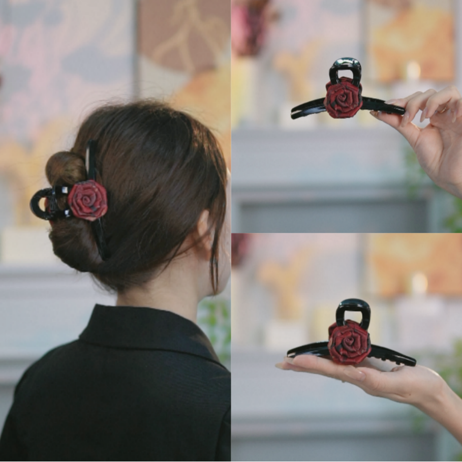 Z212纯手工红色玫瑰花大抓夹清新优雅甜美古风简约