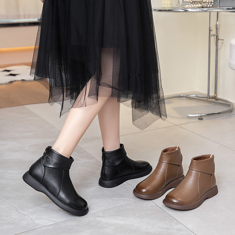 头层牛皮冬季短靴软底2024秋冬真皮复古保暖棉靴加绒皮鞋靴