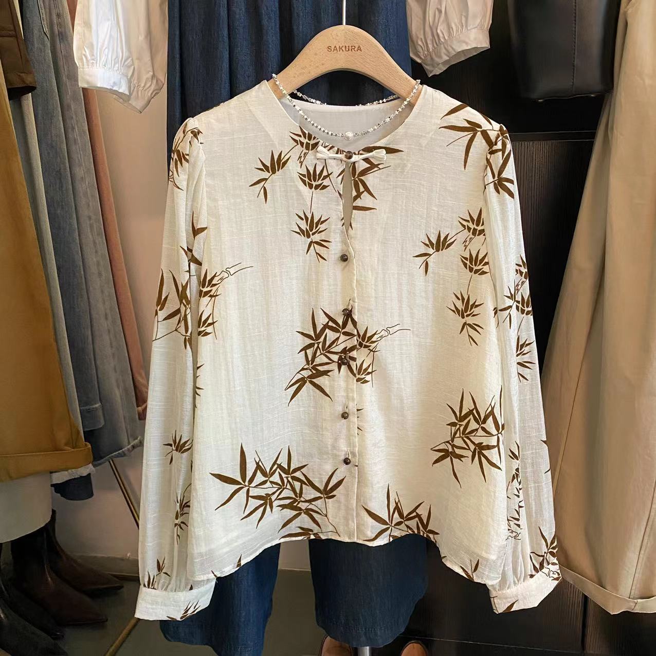 璎婲sᴀᴋᴜʀᴀ【水墨丹青】图新中式国风竹子植绒盘扣气质休闲长袖衬衫