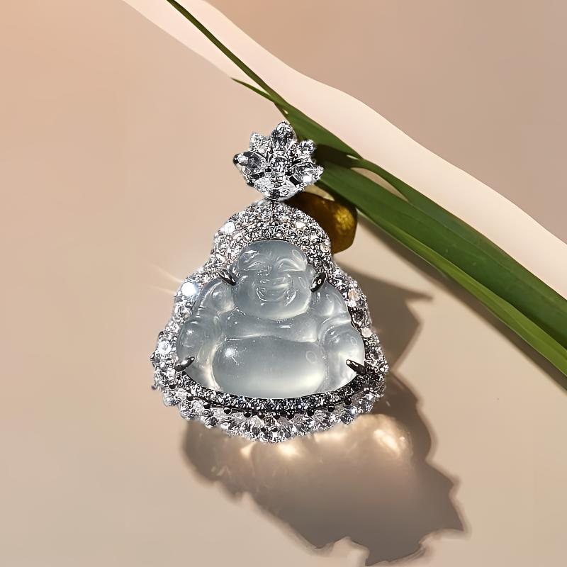 天然a货翡翠925银镶百搭白冰佛公吊坠（裸石：13.5*16.21*2.4）气质