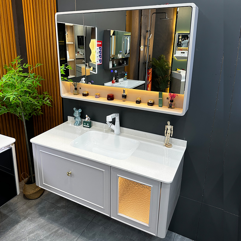 【通体岩板陶瓷无缝盆】橡木烤漆浴室柜组合智能镜柜卫生间洗手台