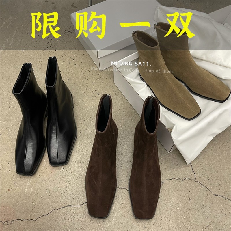 百丽纯爱韩版复古绒面方头平跟瘦瘦短靴气质百搭后拉链及裸靴