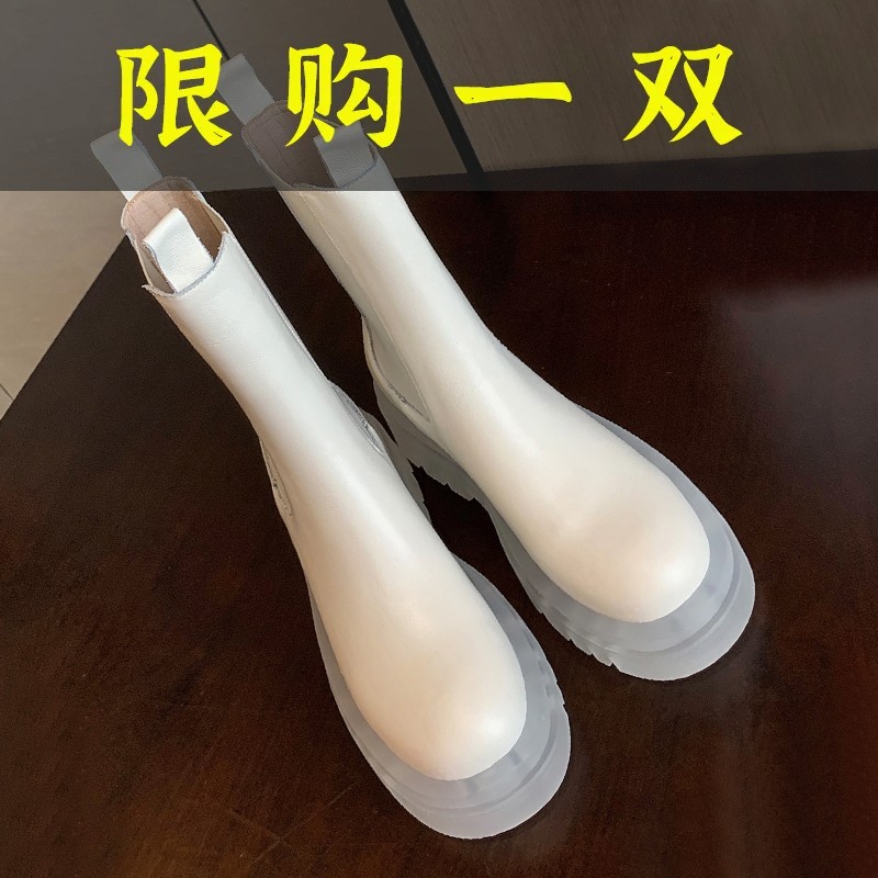 百丽纯爱白色靴子女厚底中筒马丁靴显瘦增高英伦风透明底切尔西