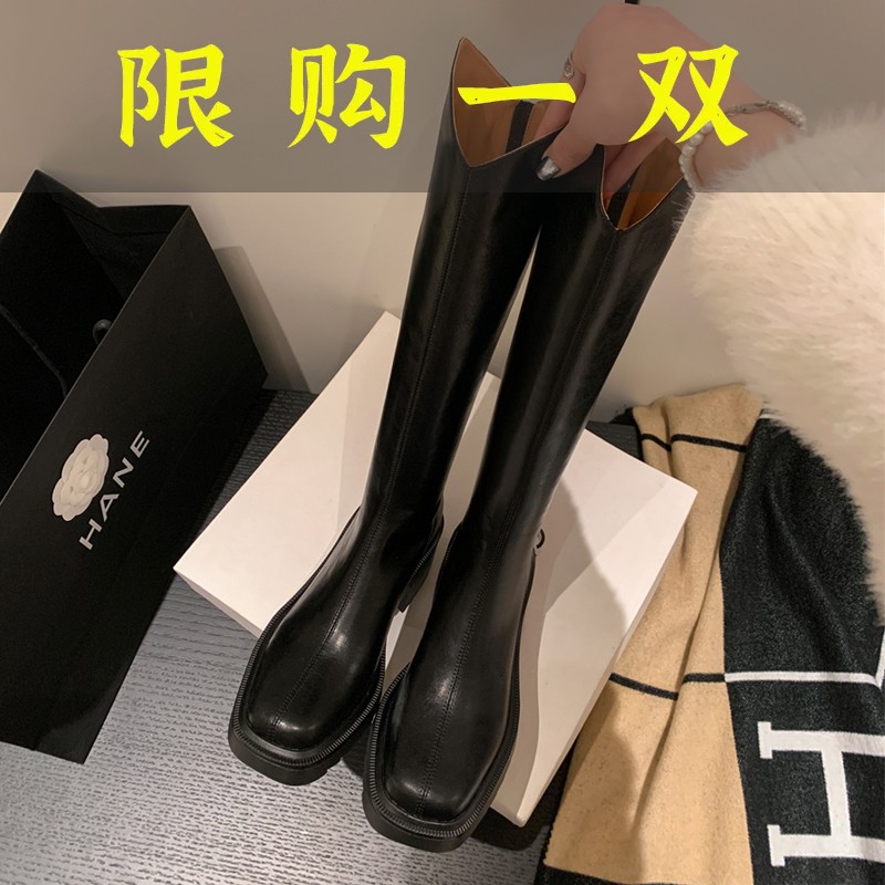 百丽纯爱小个子长筒靴女百搭厚底粗跟骑士靴中跟方头真皮高筒靴