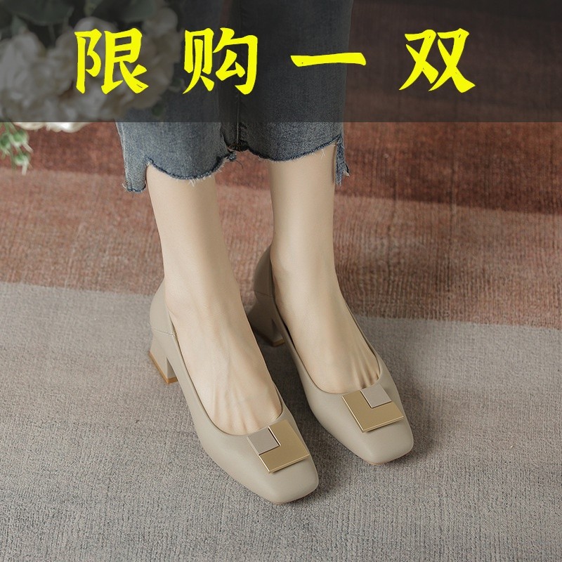 百丽纯爱法式高跟鞋小码3334春秋方头软皮职业工作鞋女粗跟单鞋
