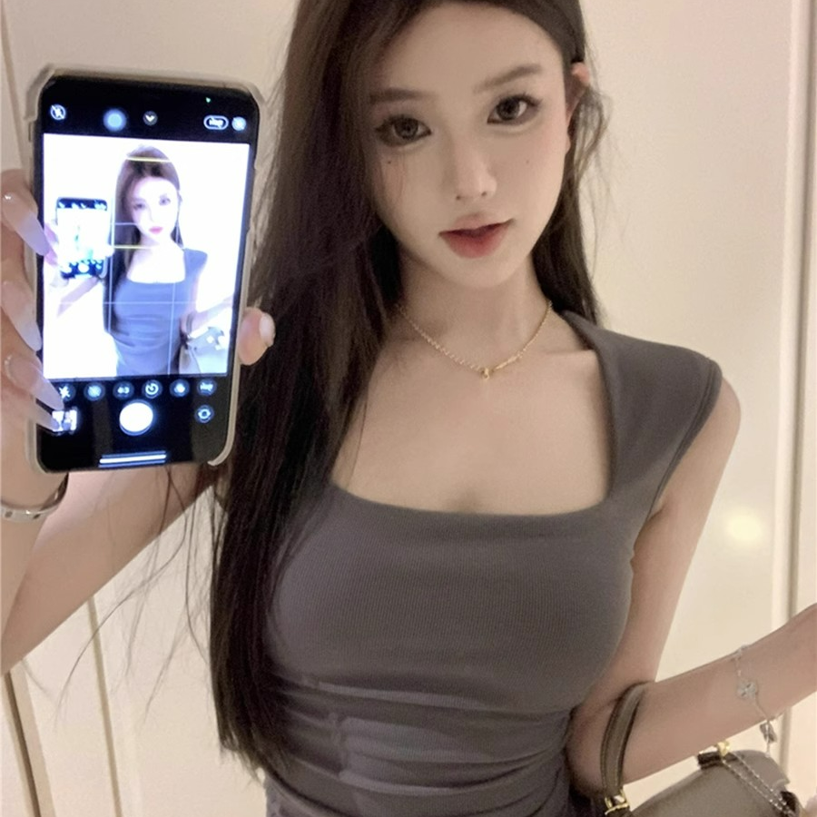 灰色紧身褶皱方领无袖T恤女夏季新款收腰显瘦内搭打底衫气质上衣