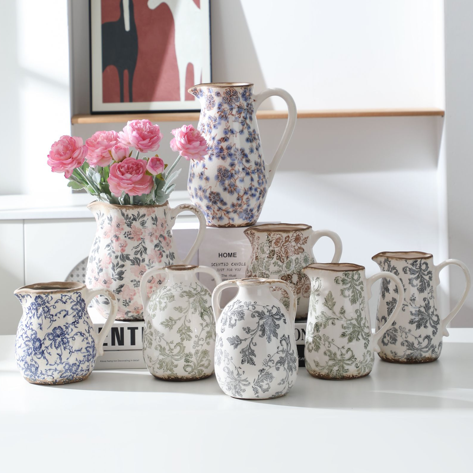 水壶陶瓷花瓶复古做旧冰裂釉繁花田园风花盆客厅创意摆件水培插花