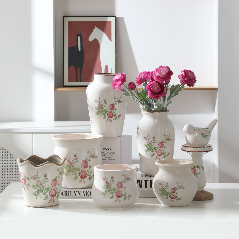 冰裂纹粉玫瑰陶瓷花盆烛台园艺花卉绿植插花水培器皿花瓶小鸟摆件