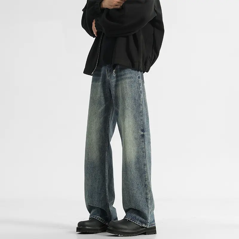 美式高街复古牛仔裤男款爆款2025新款阔腿宽松直筒cleanfit裤子男