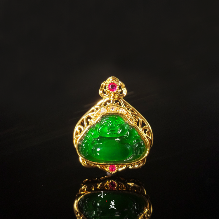 18K金*翡翠花丝莲花佛公吊坠 G7965