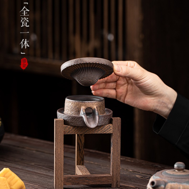 老岩泥高台过滤组陶瓷过滤孔鸡翅木架子茶叶过滤茶隔茶漏架泡茶