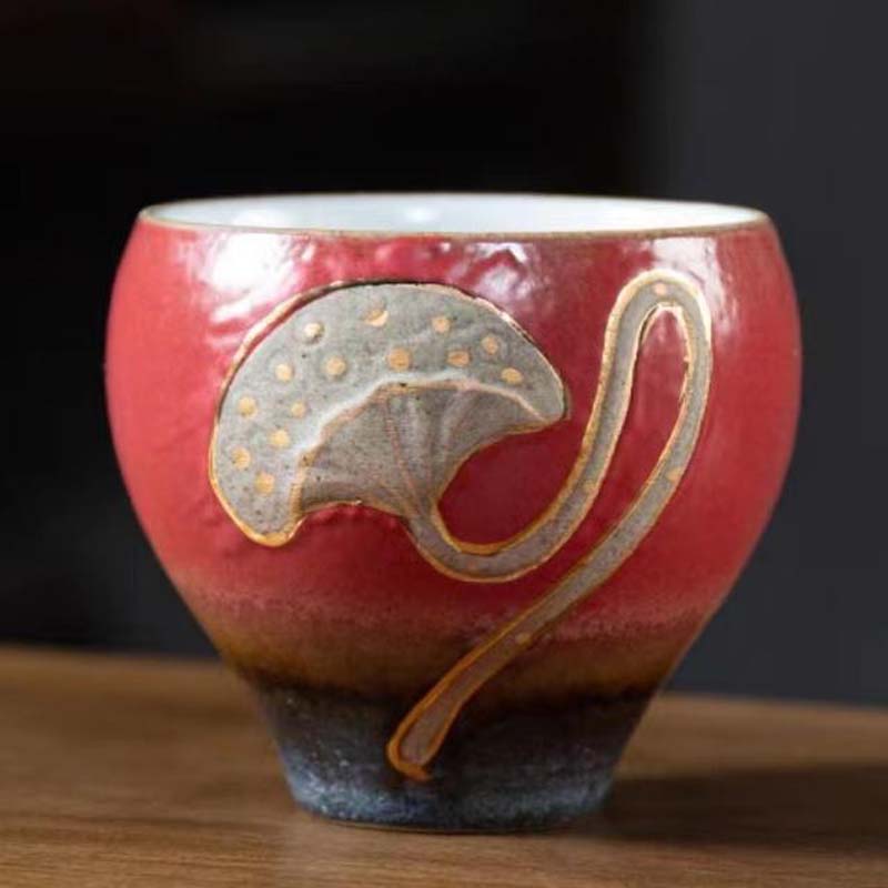 暖小瓷 莲生吉祥美人杯 复古窑变粗陶主人杯 朗红手工柴窑品茗杯