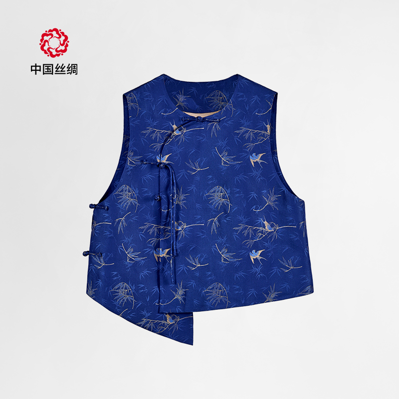 中国丝绸隆鹊『竹燕春晖 蓝』宋锦偏襟马甲设计款正品时尚休闲女装