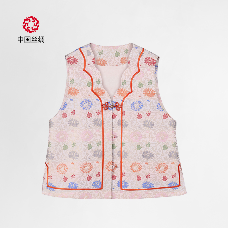 中国丝绸隆鹊『上久楷 金边缠枝莲』宋锦对襟马甲中式设计款花瓣领