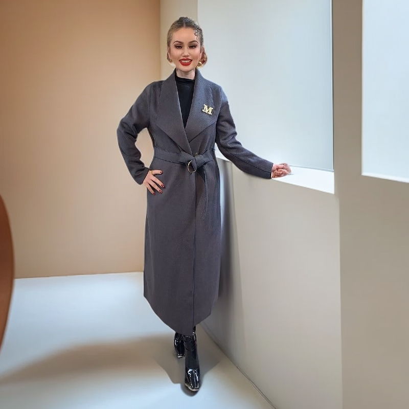 大翻领大衣蓝色毛呢过膝秋冬912