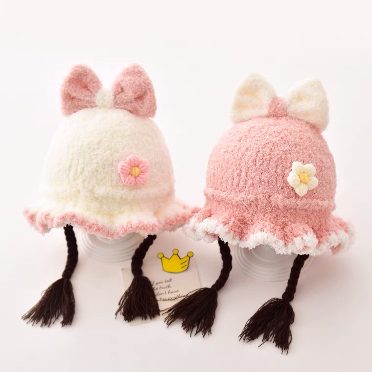 【玟悦】冬季女宝宝辫子毛绒帽公主洋气韩版秋冬款女童针织毛线帽