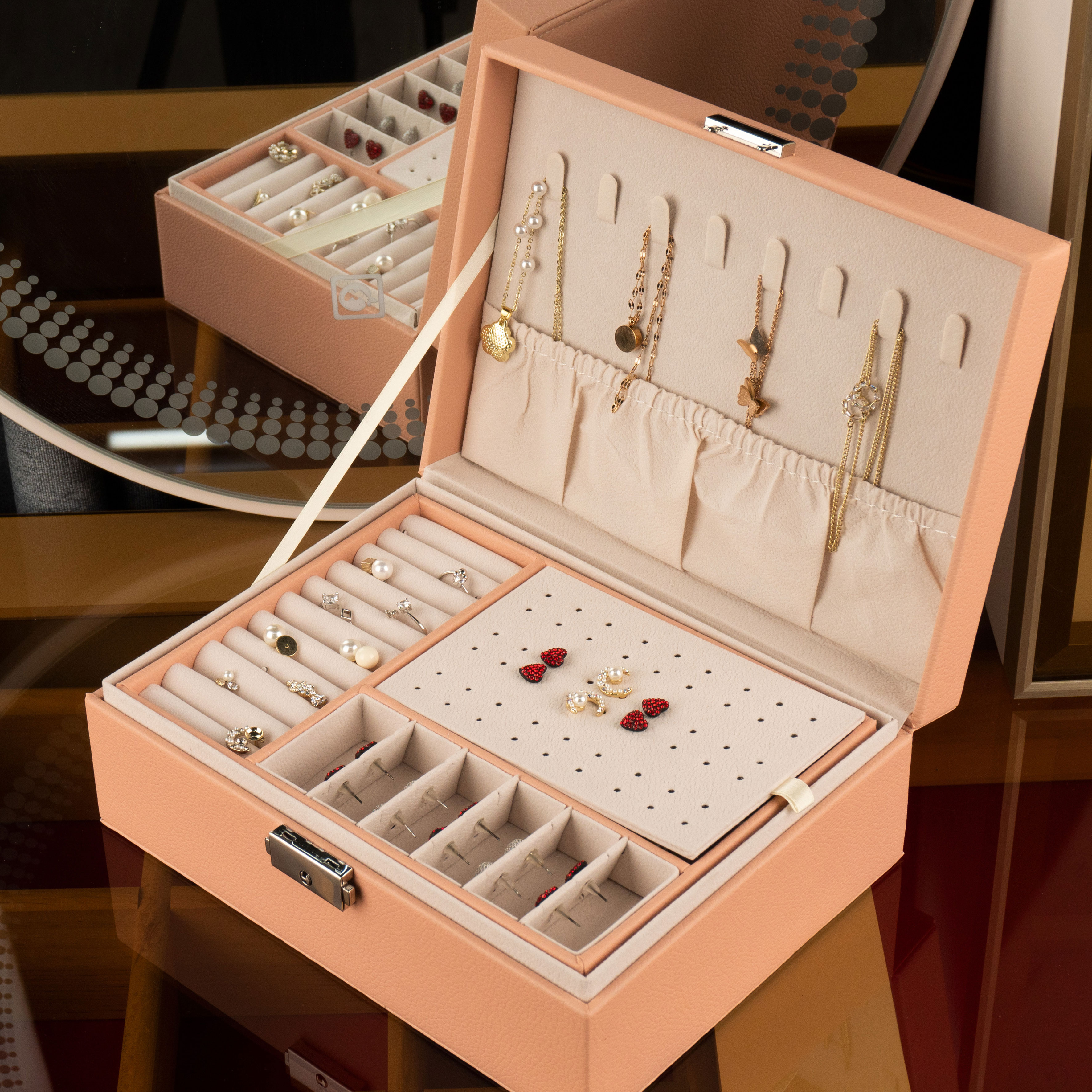 首饰盒/箱首饰盒/箱轻奢新款双层大容量皮质带锁首饰收纳盒