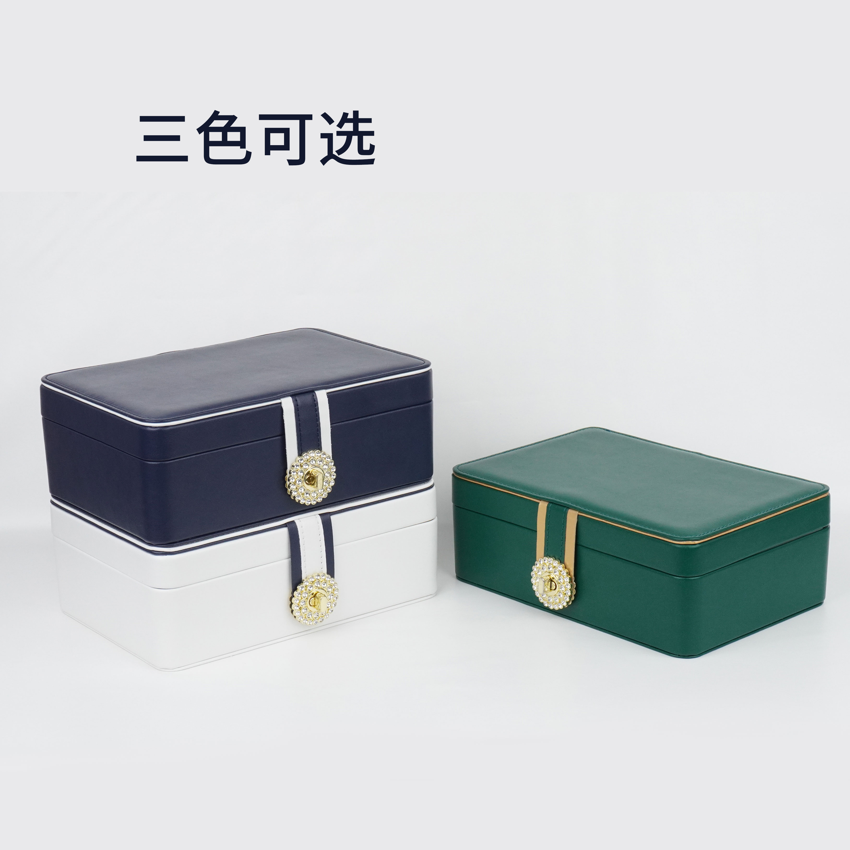 首饰盒/箱 双层水钻首饰盒皮质饰品盒带锁盒子精致收纳盒轻奢简约