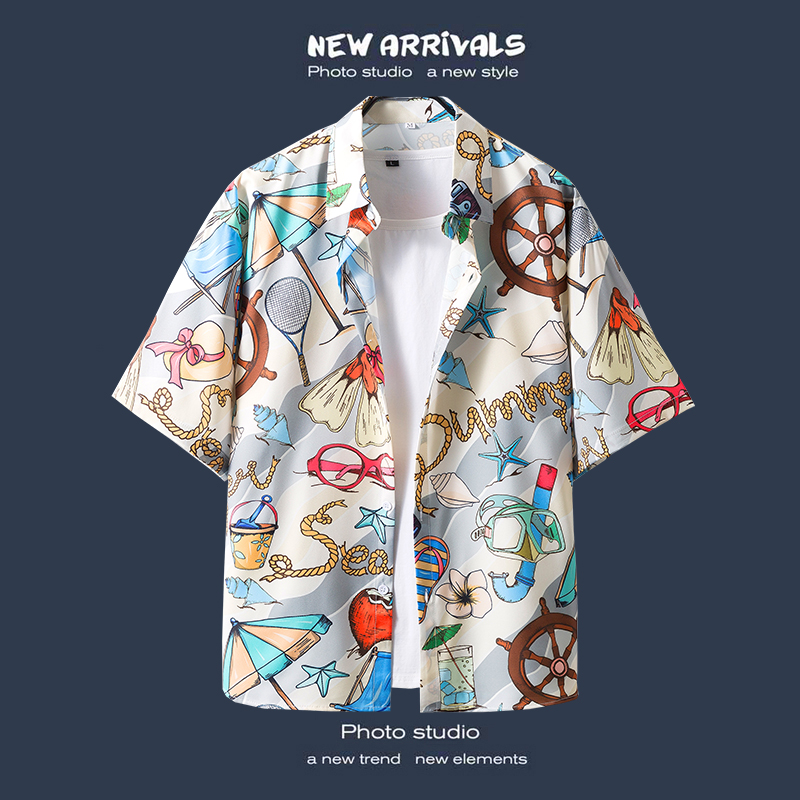 夏季潮牌花衬衫男潮流夏威夷短袖衬衣薄款青少年休闲上衣情侣衣服