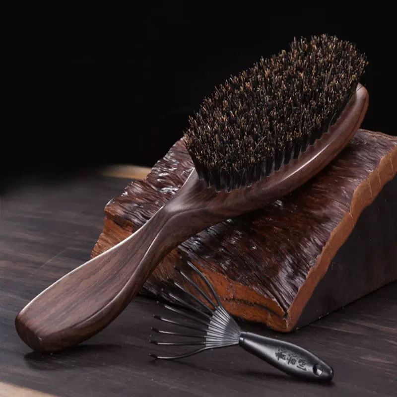 黑檀木猪鬃毛梳子天然绿檀木梳发刷男女顺发直发头部猪鬃梳按摩梳