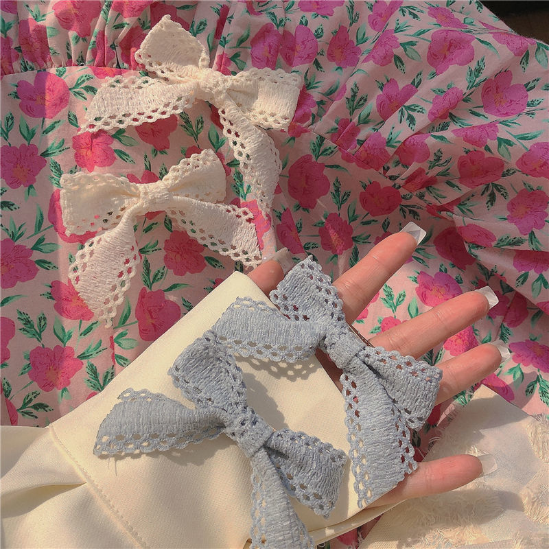 奶蓝色发夹~春天的颜色 奶油米蕾丝蝴蝶结发圈发饰少女发绳