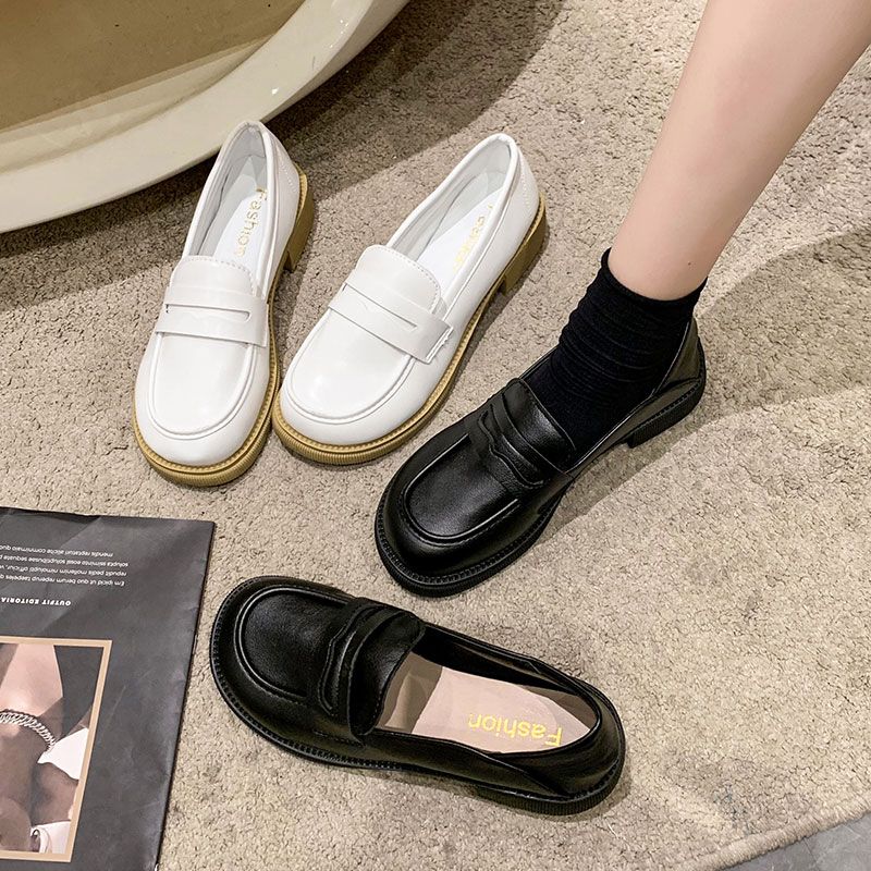 回力潮品英伦软皮小皮鞋女2023冬季新款黑色百搭平跟圆头乐福鞋学