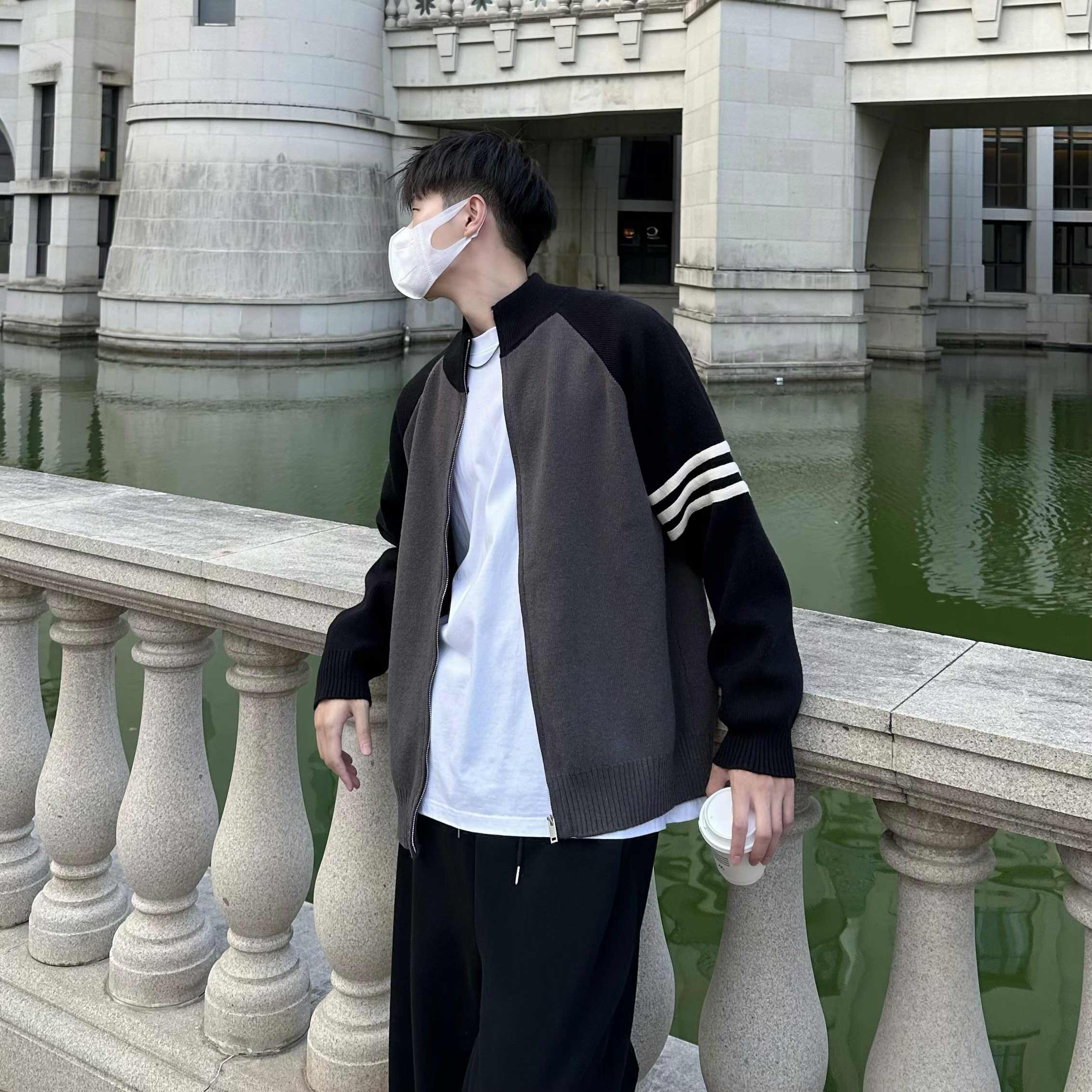 阿晨丨高密度拼色针织立领ins毛衣秋冬百搭韩版宽松拉链开衫外套