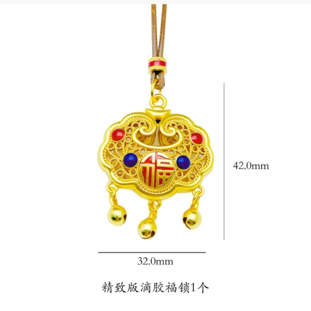 合金项链 精工中国风滴胶镂空铃铛福锁配咖色绳子毛衣链