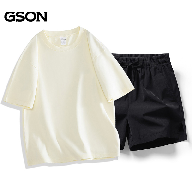 集团品牌GSON休闲运动套装男女夏季重磅短袖t恤纯棉宽松显瘦半袖