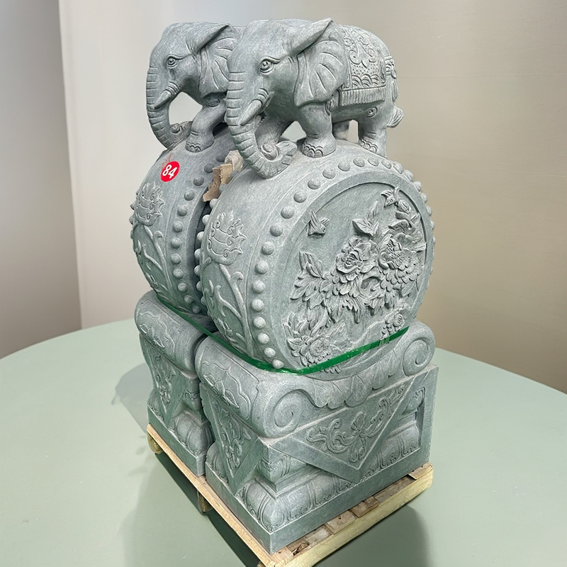 石雕门墩抱鼓石一对汉白玉大象石鼓青石貔貅家用麒麟门口摆件