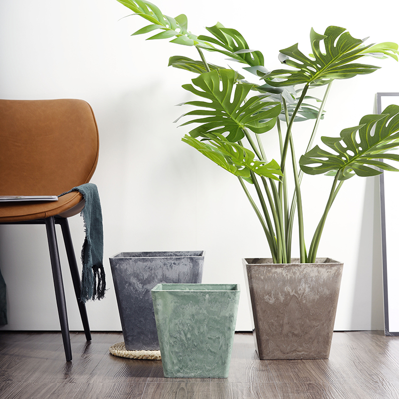 出口北欧简约仿大理石纹树脂正方形大号加厚客厅阳台装饰塑料花盆