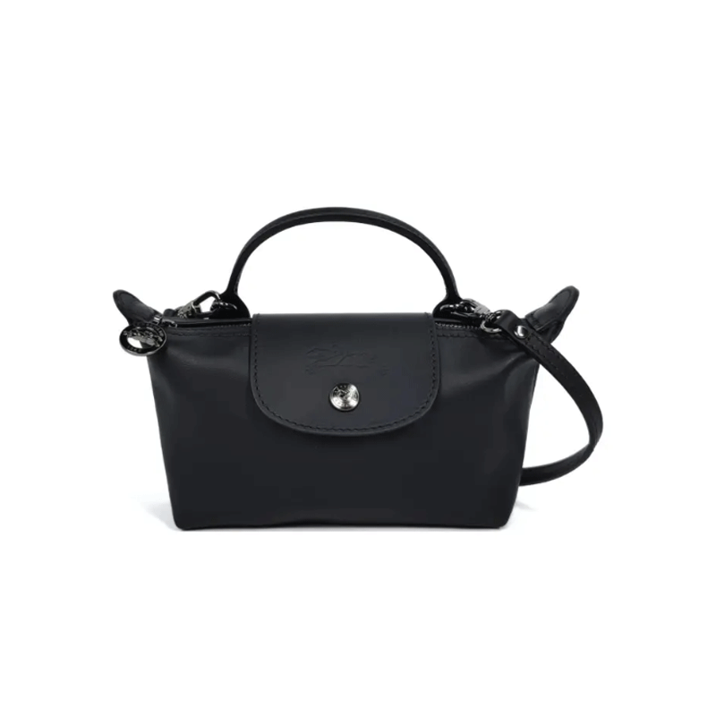 LONGCHAMP/珑骧女款压花徽标可拆卸肩带牛皮单肩斜挎手提包黑色 