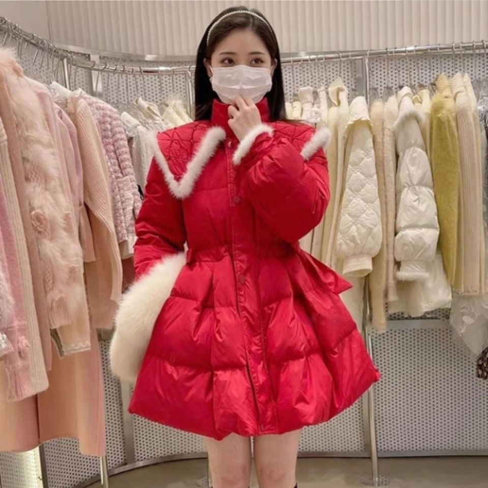 2023圣诞荷叶领白鸭绒羽绒服女中长款冬季新款洋气显瘦外套时尚