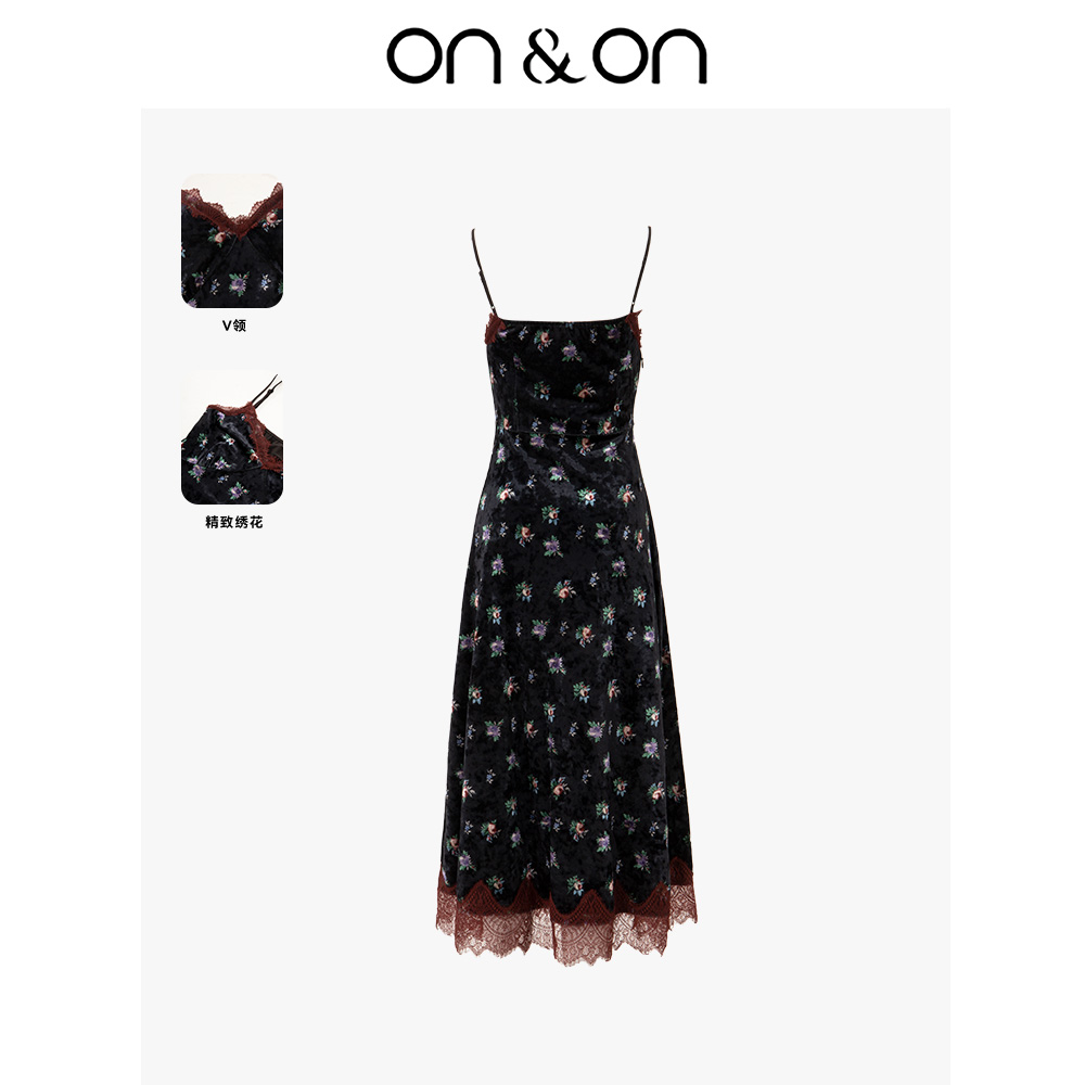 ON&ON/安乃安冬季轻奢甜美复古气质丝绒印花女款吊带裙-N4SA16268