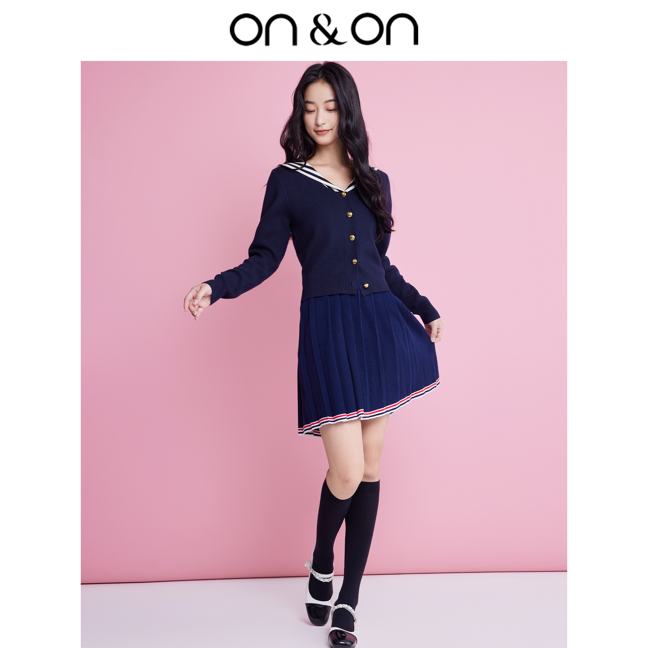 ON&ON/安乃安秋季新学院风减龄海军领撞色条纹针织开衫-N3SH40092