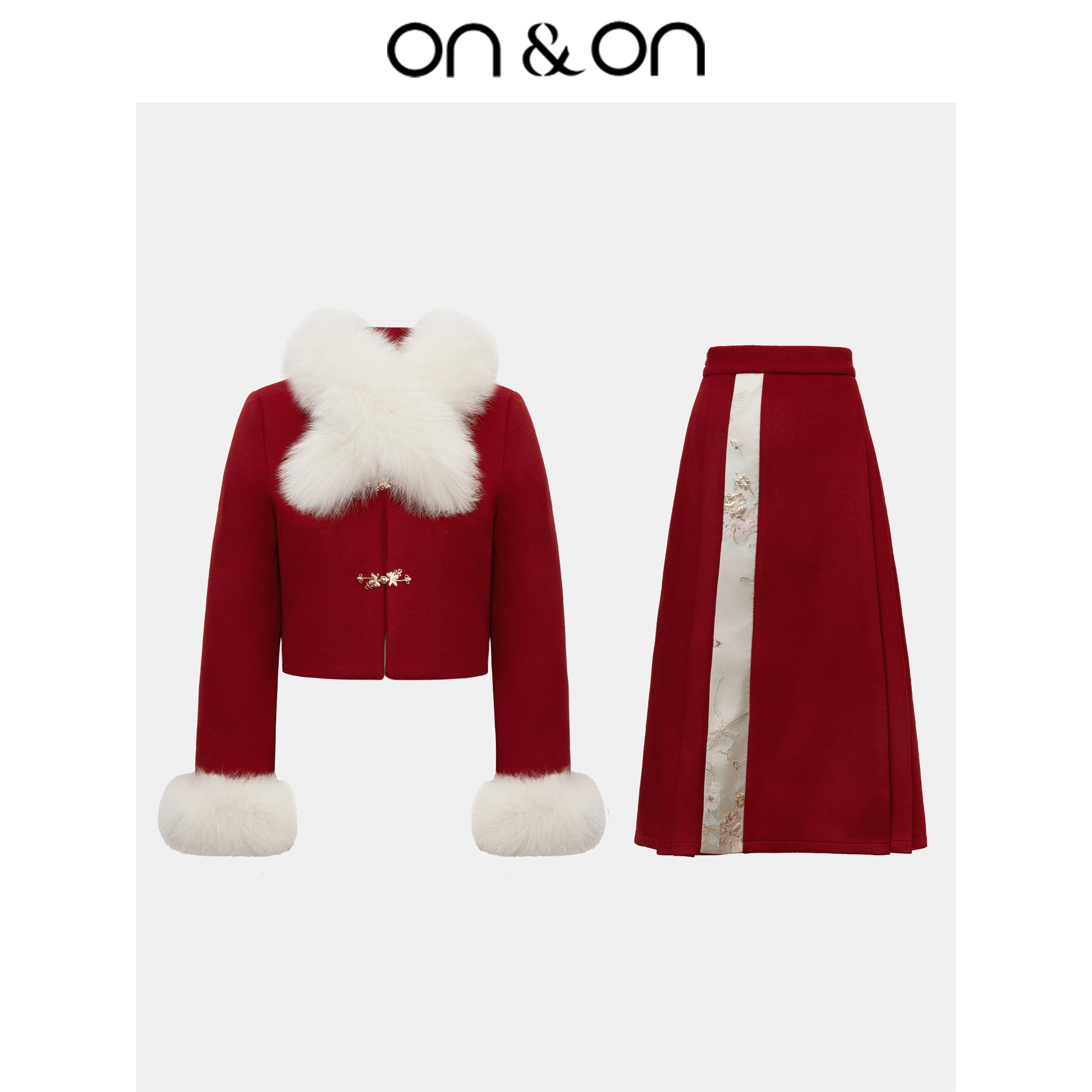 ON&ON/安乃安新中式盘扣门襟花口国风狐狸毛红套装新N3SW7004451