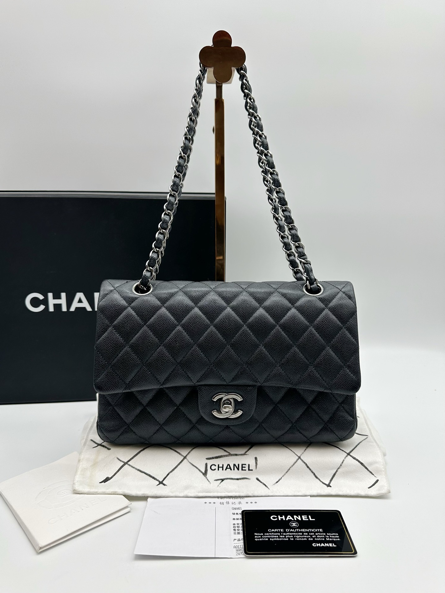 95新 Chanel/香奈儿  CF中号炫彩黑银牛皮鱼子酱链条包42693