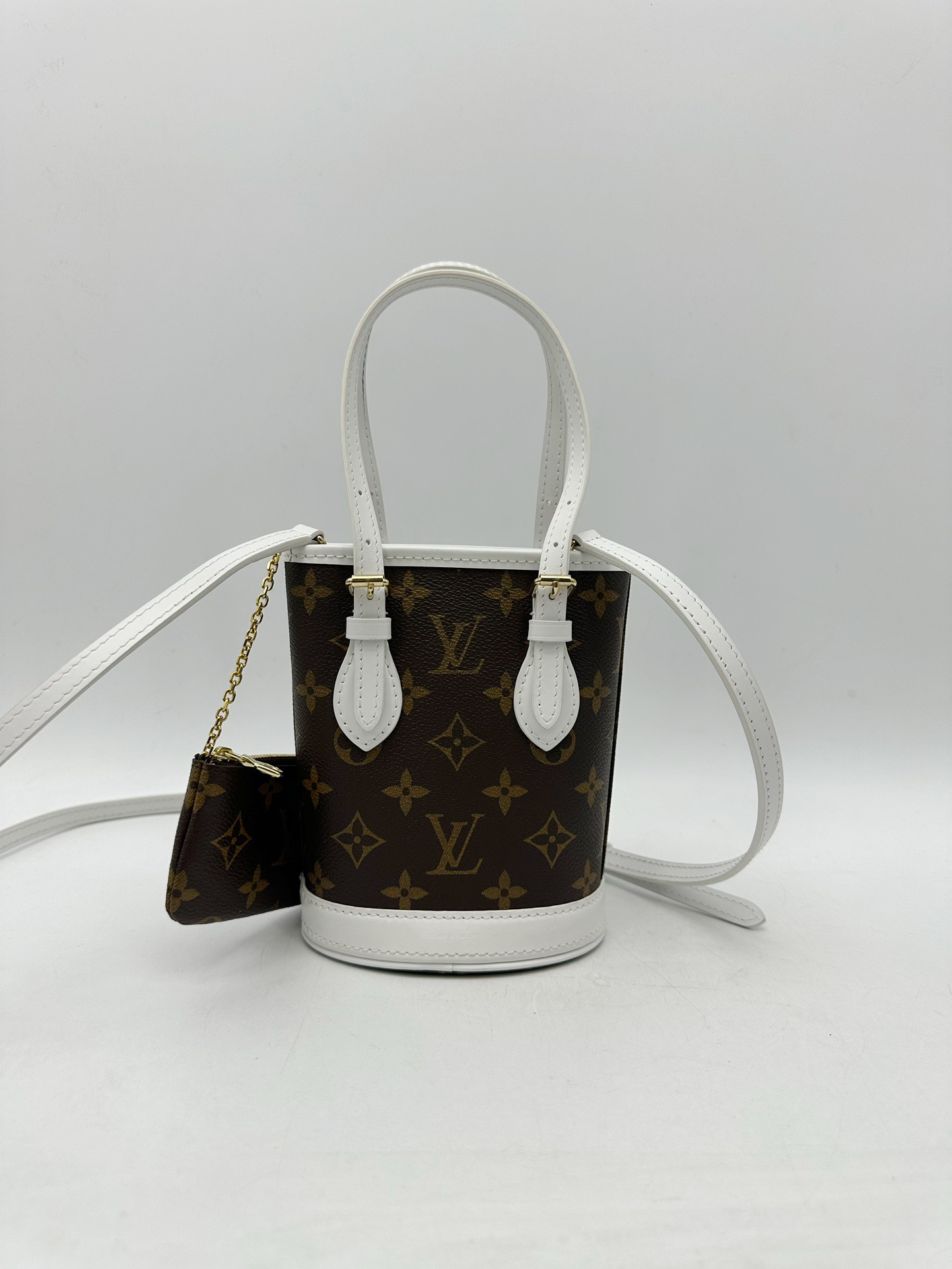95新 LouisVuitton/路易威登 nano bucket老花拼白色水桶包30841
