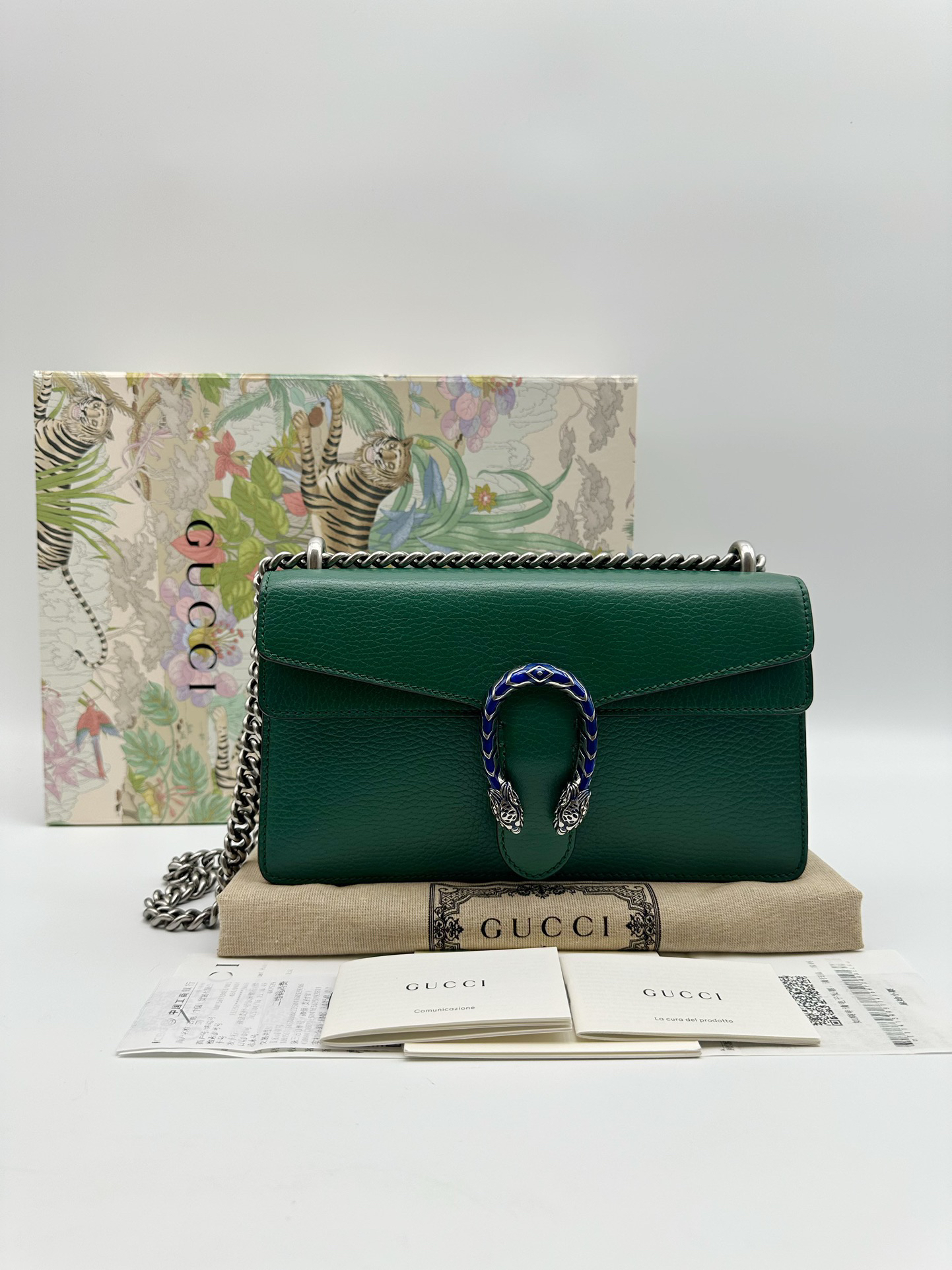 95新 GUCCI/古驰 全皮绿色中号酒神链条包15823