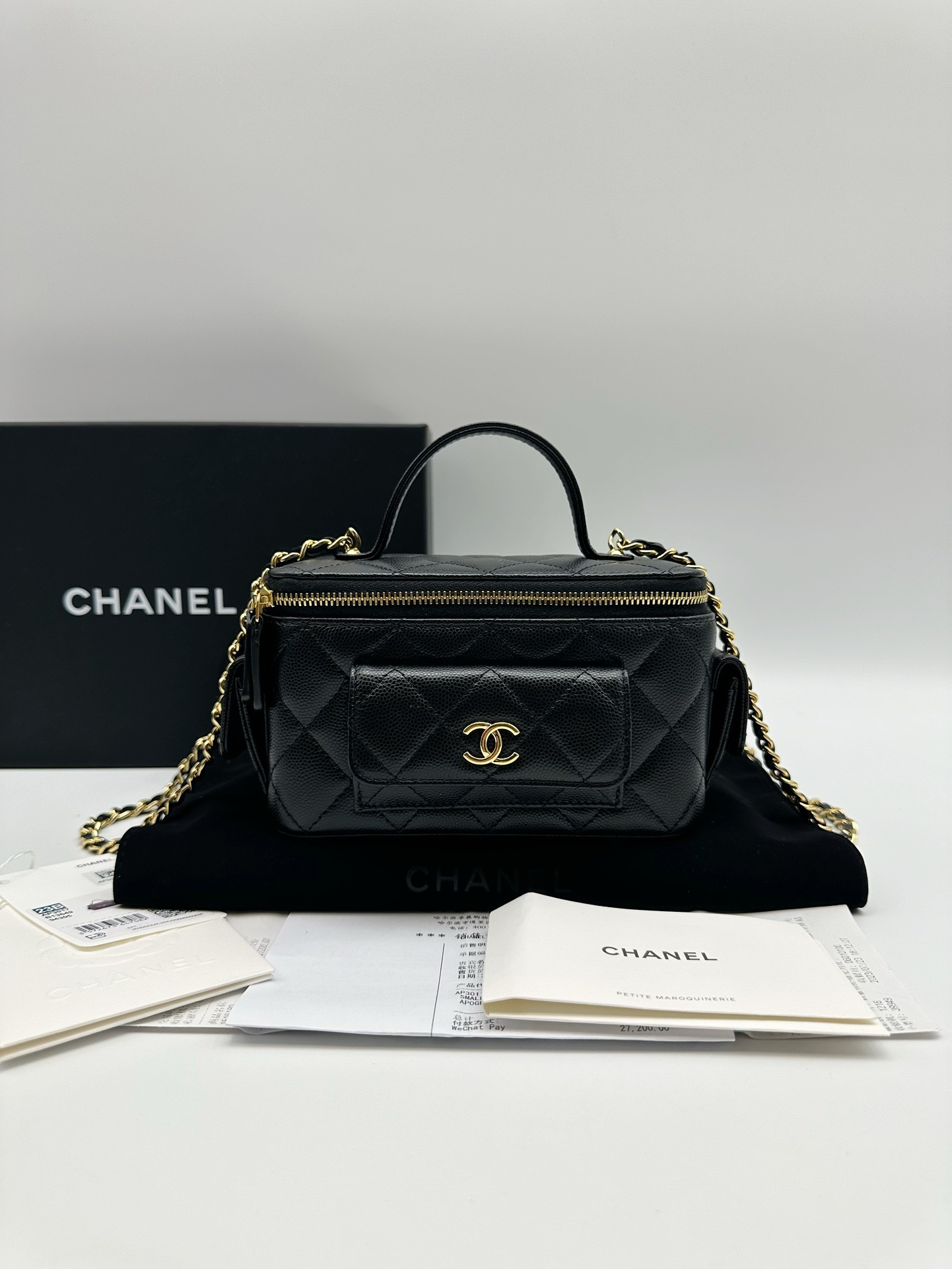 99新 Chanel/香奈儿 黑金荔枝纹牛皮Cargo盒子链条包